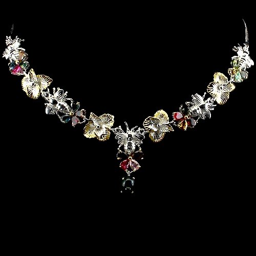 Turmalin Opal Biene Collier aus bicolor vergoldetem Silber - INARA